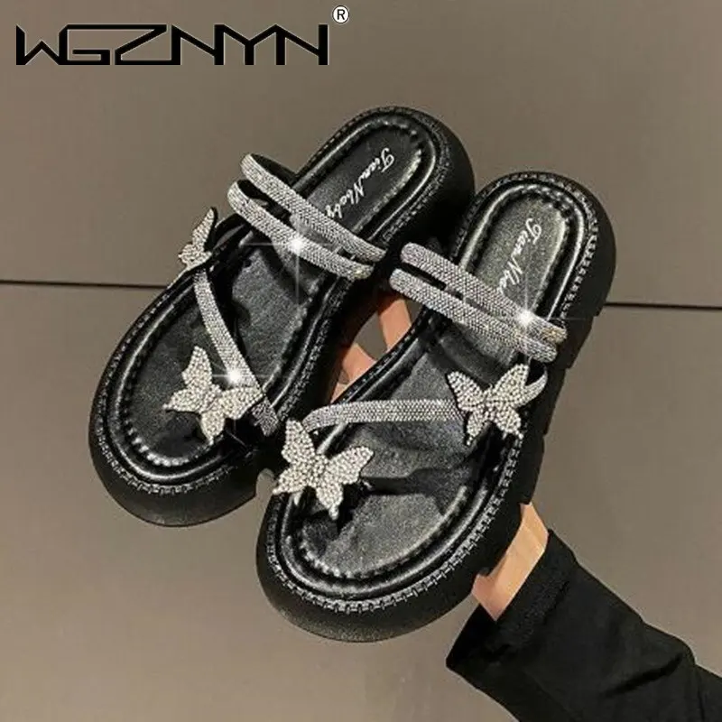 

Fashion Women Slippers Slides Flat Mid Heels Shoes for Women Mules Solid Bling Butterfly Knot Summer Slippers Plus Size Zapatos