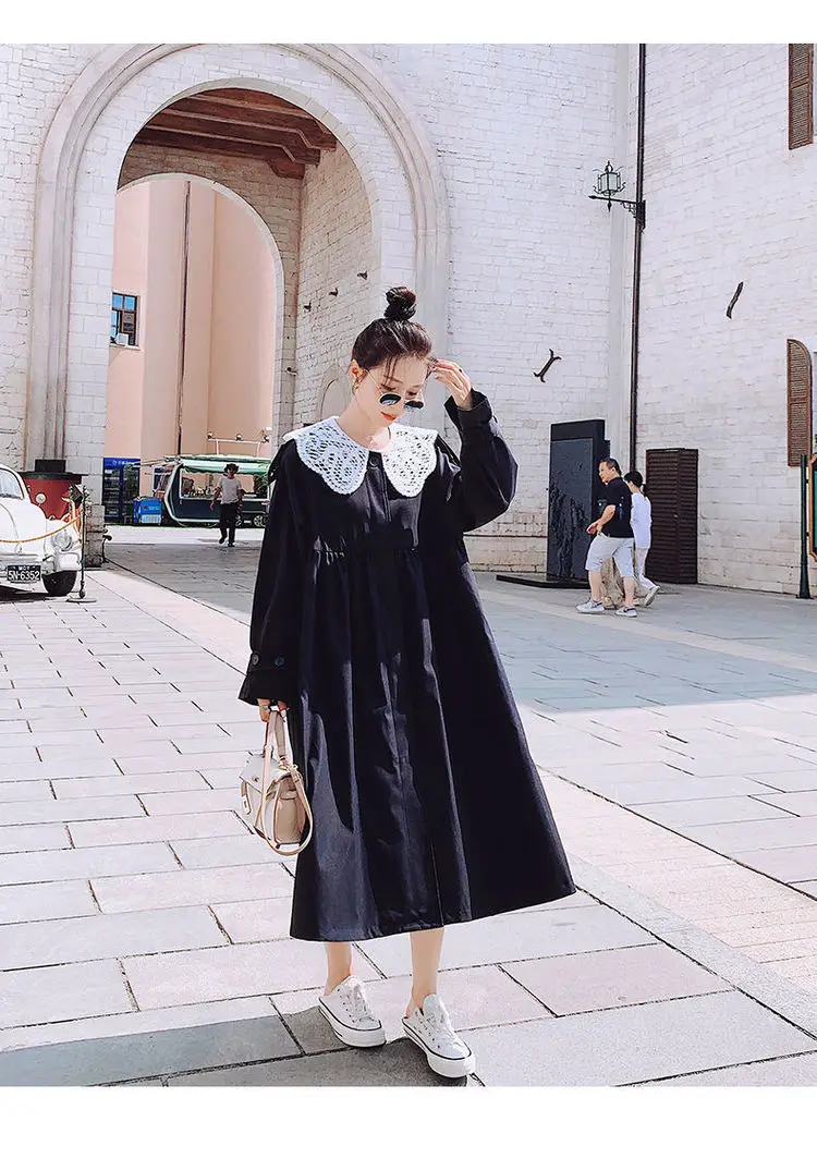 black puffer coat Korean Trench Coat For Women Spring Autumn 2022 New Lace Collar Loose Windbreaker British Style Long Overcoat ladies long puffer coat