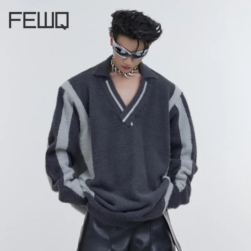 

FEWQ Fashion Men's Sweater Niche Design Double Layered Pullovers Stripe Male Vneck Contrast Color Knitted Tops Autumn New 9C3070