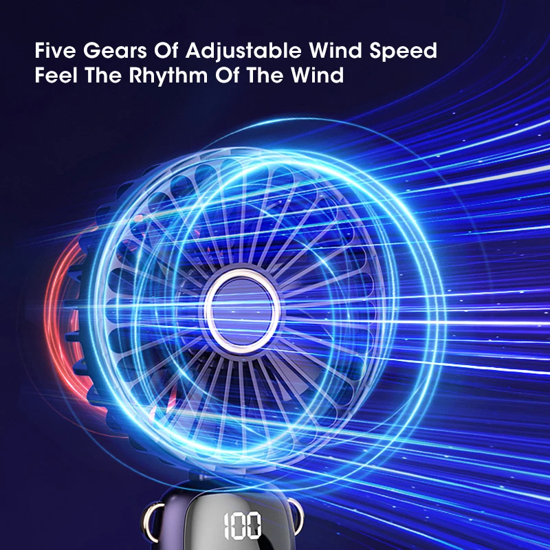 Foldable USB Portable Small Fan Digital Display Electric Fan Mini 5-speed Wind Detachable for Outdoor Sports Air Conditioner