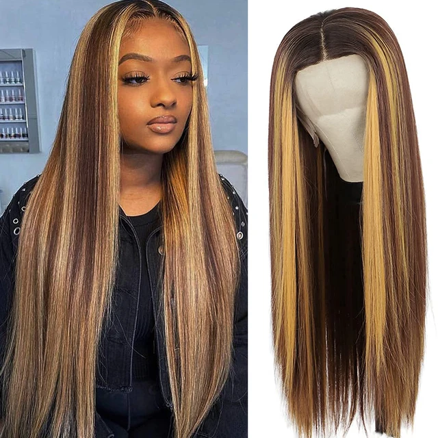 Synthetic Highlight Wigs Lace Front Wigs 13X4X1 T Part Frontal Lace Heat Resistant Fiber Wig for Black Woman P27 Long Wavy Hair #2