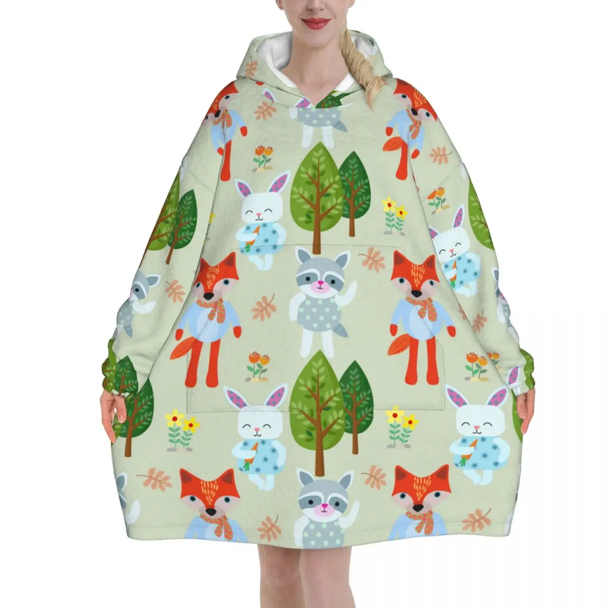 

Rabbit And Fox Cartoon Flannel Oversized TV Wearable Blanket Extra Long Warm Plush Fleece Winter Sherp Hoodie Women Soft