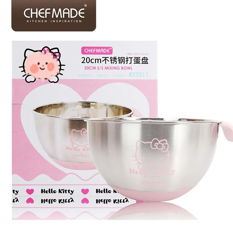 CHEFMAD Pink Stainless Steel Mixing Bowl Egg Mixing Salad Bowl Cooking Handle Silicone Bottom Baking Kitchen Tool