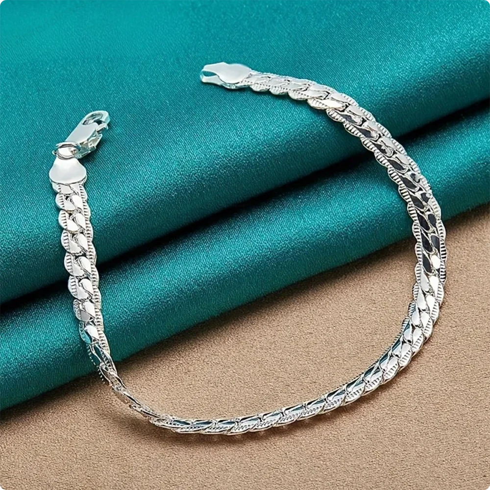 Elegant 925 Silver Flat Side Chain Bracelet with Lobster Clasp