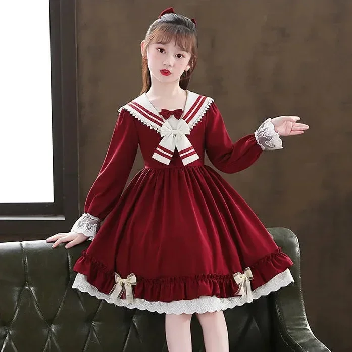 

2024 Winter Autumn Girls Clothes Retro Teens Sailor Lace Collar Bowtie Uniform Child Princess Dress 7 8 9 10 12 Year