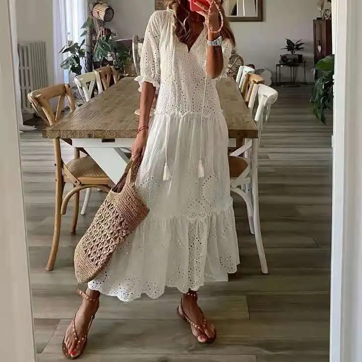 

Retro Lace Dress Women Summer Ladies Fashion Hollow Out Dresses Female V Neck Half Sleeve Elegant Long Dress Loose Robe Femme