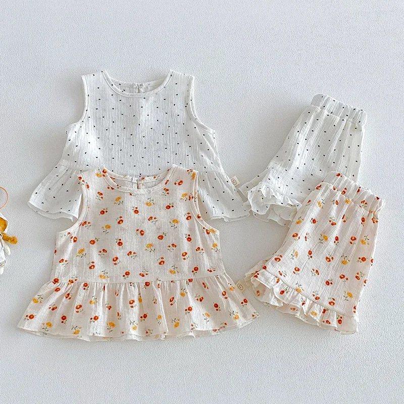 2026 새로운 여름   소녀 옷 정장 민소매 코튼 프린트 조끼 + 반바지 0-5Yrs 아동 의류 아동 의류 세트