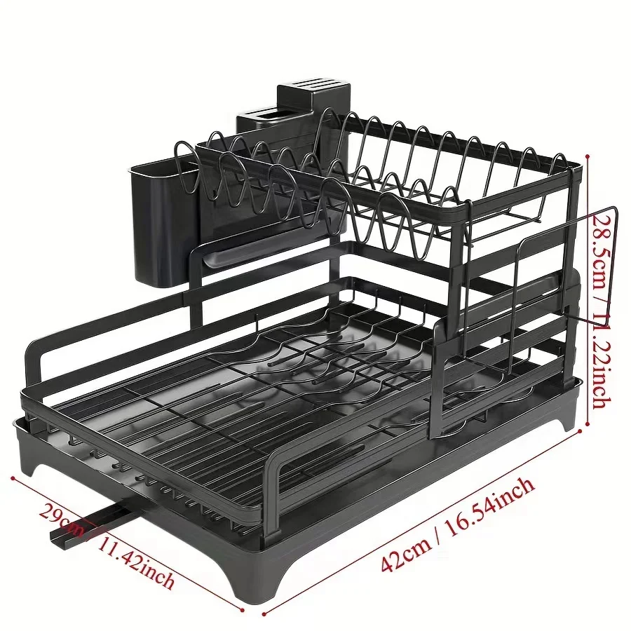 2 Tier Dish Rack with Drainboard Kitchen Dish Bowl Drainer Storage Rack Countertop Dinnerware Organizer Knife Fork Cup Holder 6