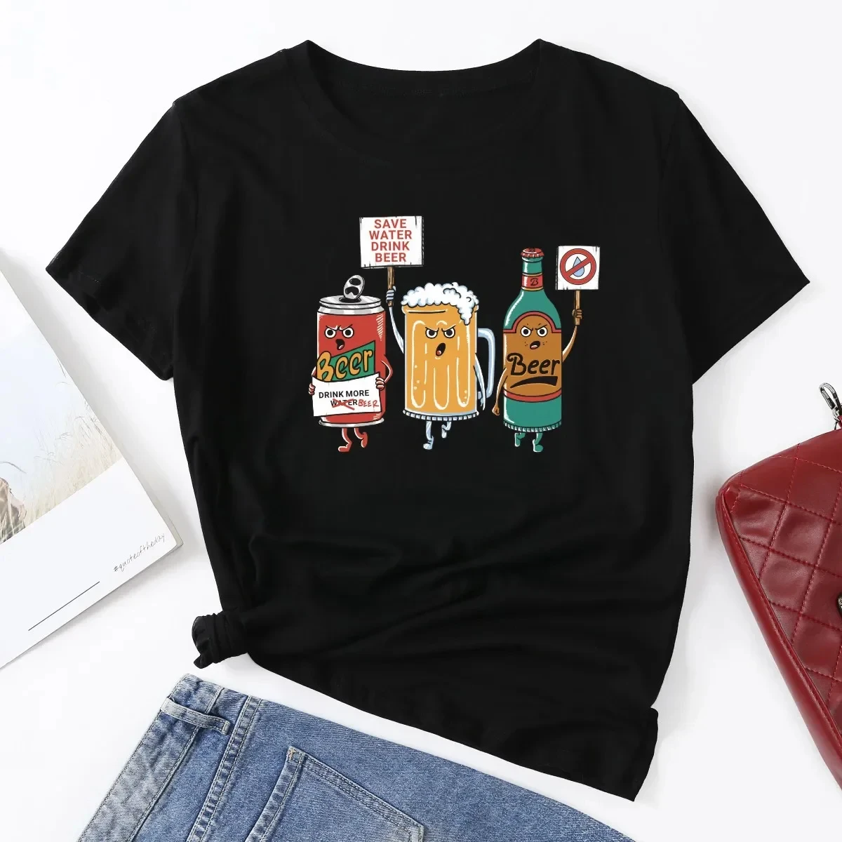 

Summer Short Sleeve Tops Ropa Mujer Harajuku Aesthetic Graphic Tshirts Kawaii Humorous Save Water Drink Beer Woman TShirt