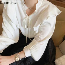 

Koamiss Women White Long Sleeves Shirt Ruffled Lace Up Fashion Office Lady Chic Korean Blouse Solid Slim Elegant Blusas Spring