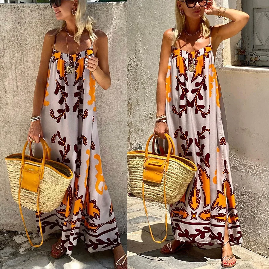 

2024 Spring/Summer New Sexy Strap Printed Casual Loose Vacation Dress