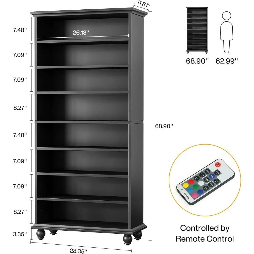 69-Inch Tall Bookcase with LED Lighting, Modern 9-Tier Freestanding Bookshelf with Solid Wood Legs, Wooden Open Display Shelf 2