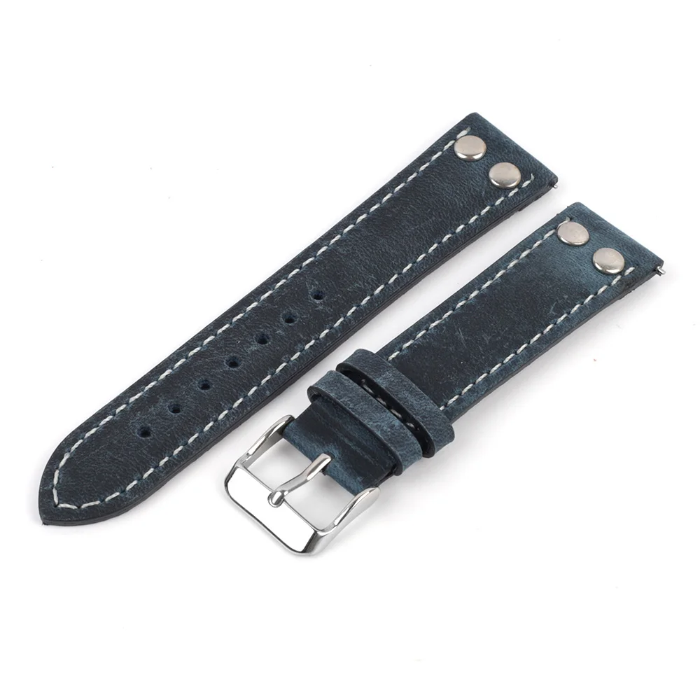 Vintage Coffee Brown Leather Watch Strap with Rivet Pin Buckle