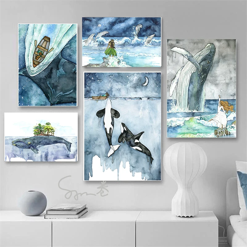 Watercolors Sea Life Whale Dolphin Painting Poster Canvas Printing Whale Dolphin Wall Art Decor Nature Home Kids Room Wall Decor