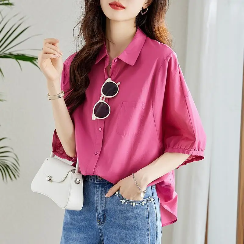 Fashion Single-breasted Blouse Half Sleeve Casual Loose Women's Clothing Pockets Spliced Polo-Neck 2024 Summer Solid Color Shirt