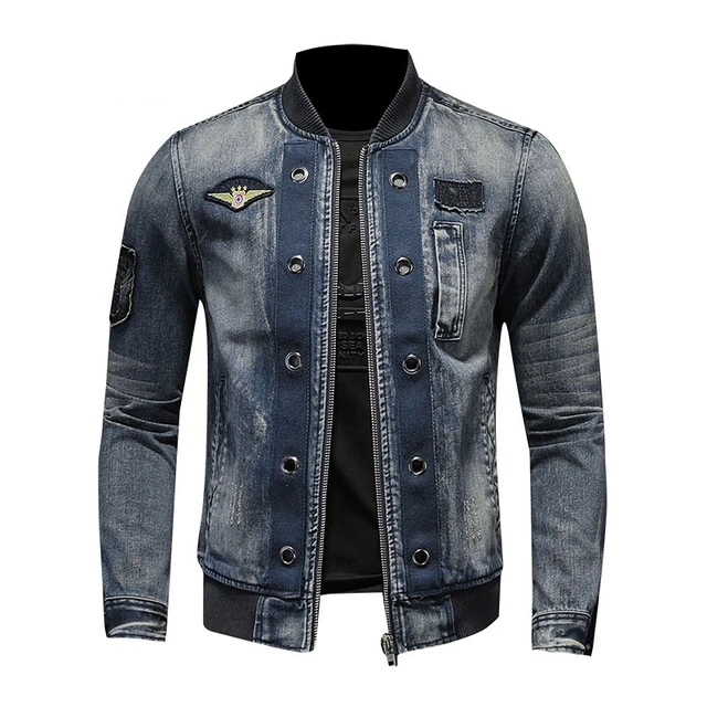 Autumn European Standneck Patch Pilot Blue Denim Jacket Men's Denim Jacket Slim Fit Motorcycle Casual Jacket