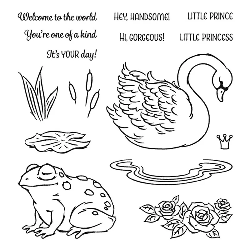 

Prince & Princess Stamp Set and Coordinating Metal Dies Swan Frog Cattail Sentiments Clear Stamps for Diy Scrapbooking 20A