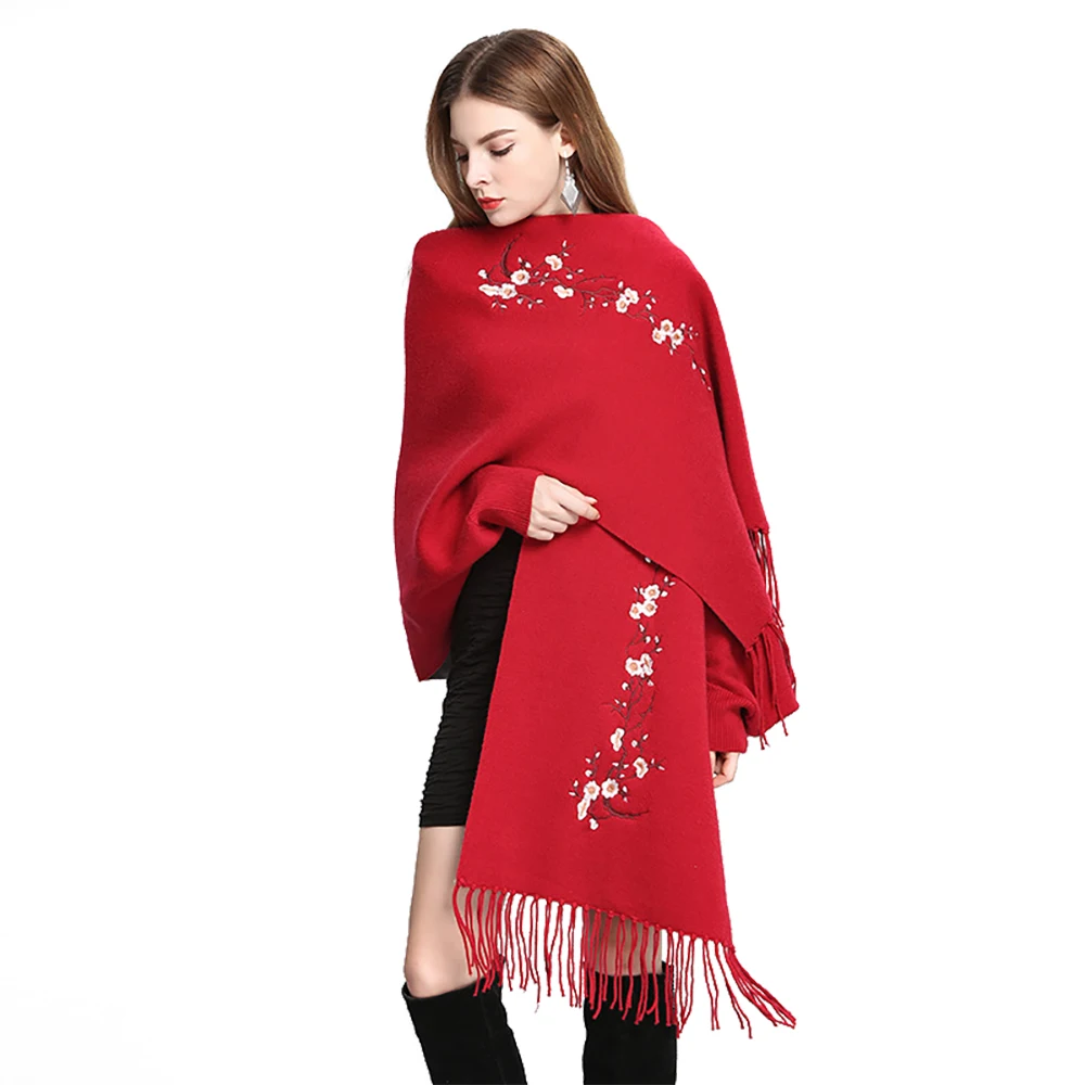 Embroidered Long Sleeves Knit Tassels Wrap Shawl Cape