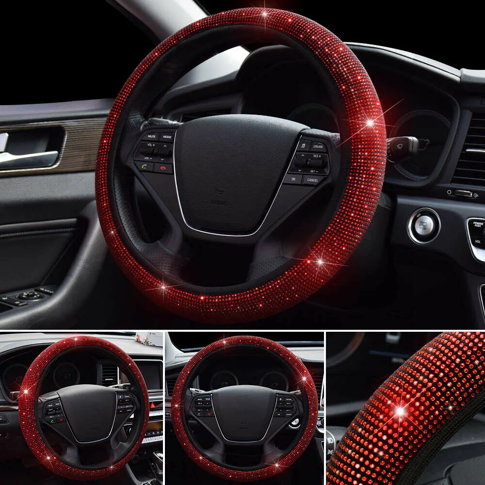 Red Auto 15''/37-38cm Car Diamond Steering Wheel Cover Bling Shining Universal Upgrade Crystal Steering Wheel Cover Accessorie