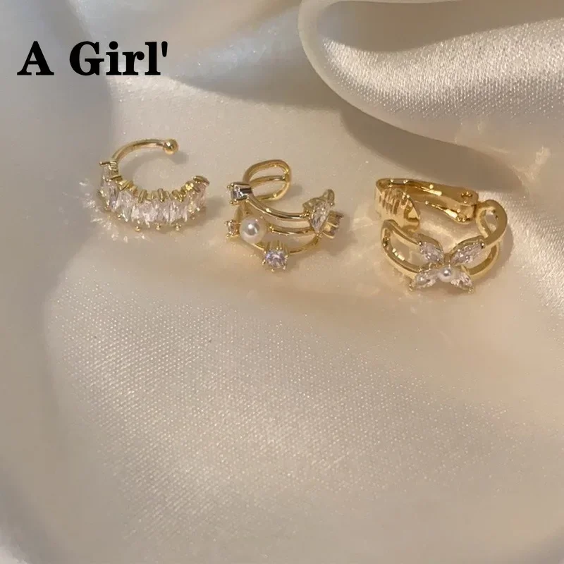 Korean Pearl Zircon Flower Clip Earrings For Women Fake Piercing No Hole Earbone Ear Cuff Trendy Jewelry Gifts ear clip earrings,clip earrings,ear clip