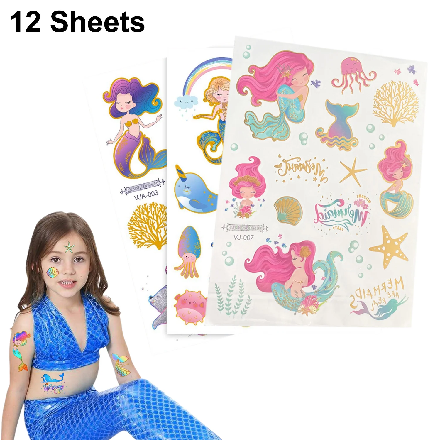 

12 Sheets Mermaid Birthday Favors Tattoos Mermaid Tail Temporary Tattoo Stickers for Girls Birthday Decorations Supplies Gifts
