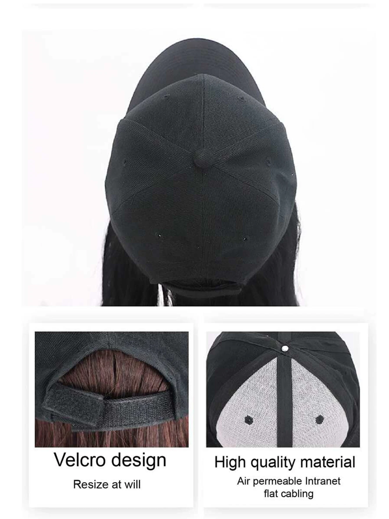 1pc 18 Inch Synthetic Hair Extension Baseball Cap Wig Hat With Hairpiece,Black Color,For Women Christmas New Year Carnival Music