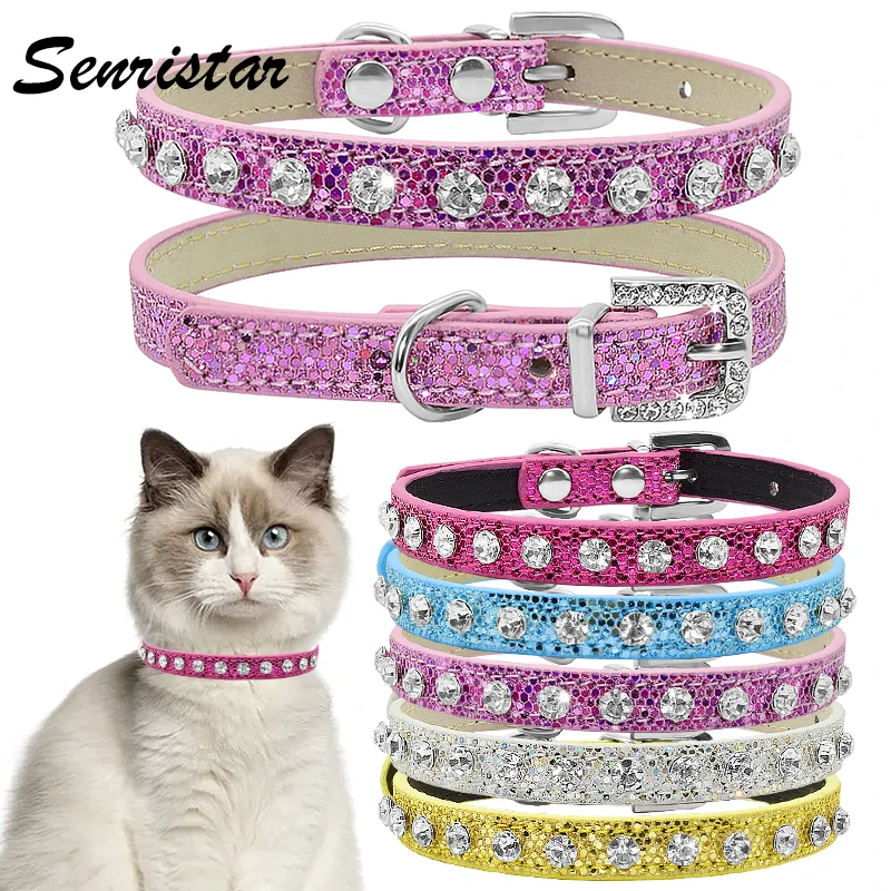 

Bling Cat Collar Rhinestone Leather Cat Collar Necklace Adjustable Jewelry Buckle Pet Collar for Kitten Puppy Small Dog Collar
