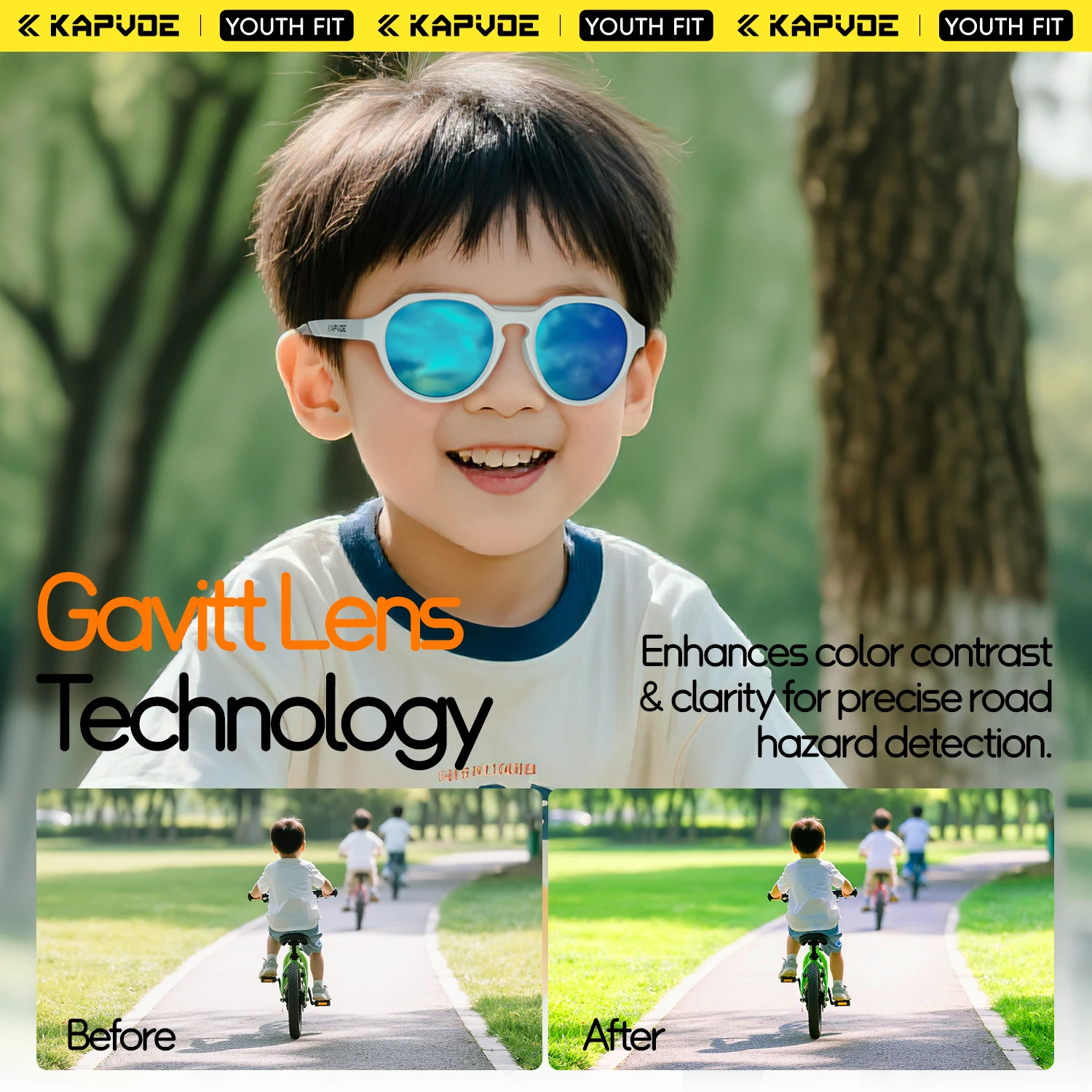 Kapvoe Kids Cycling Glasses Sports Aged 8-15 Baseball Running Children UV400 Sports Sunglasses Riding Bicycle Glasses Bike