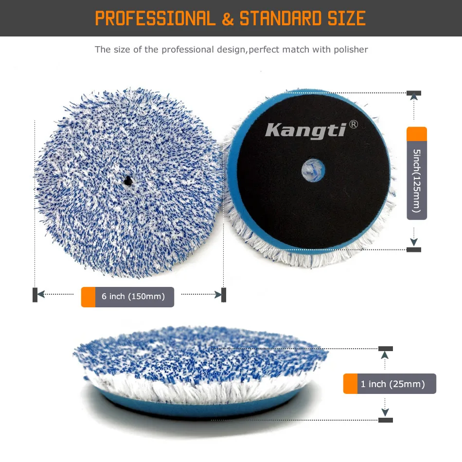 Kangti 3"/5"/6" Fast Finishing Microfiber Polishing ing Pad Disc Kits For DA/RO Car Polisher