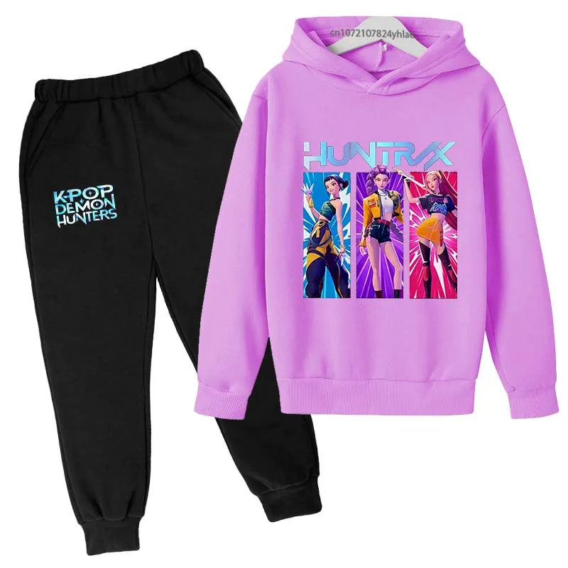 Kpop Demon Hunters Kids Hot Anime Print Spring Autumn Casual 2pcs Hoodie + Pants Tracksuits 2-13Years Girls Fashion Huntrx Clothes