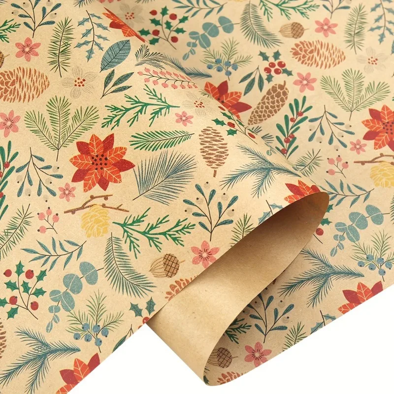 1Roll Christmas Gift Wrapping Paper with Floral and Leaf Designs, Tree and Reindeer Theme, and Christmas Decorative Window Paper