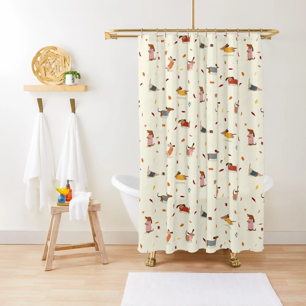 Cute Dachshunds in Winter Sweaters with Autumn Leaves Shower Curtain Curtain For Shower