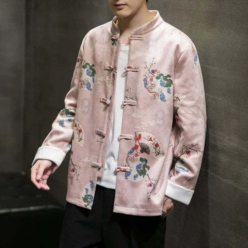 Autumn Winter Chinese Men's Clothing Loose Deerskin Velvet Retro Tang Jacket Suede Coat Outwear Male Traditional Chinese Clothes