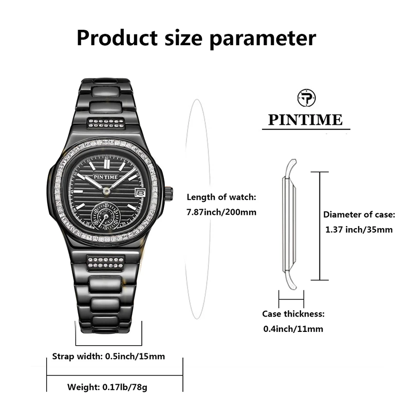 PINTIME Watch for Women Luxury Stainless Steel Strap Quartz Wristwatch Waterproof 3Bar Calendar Girls Watch Casuals Reloj Mujer