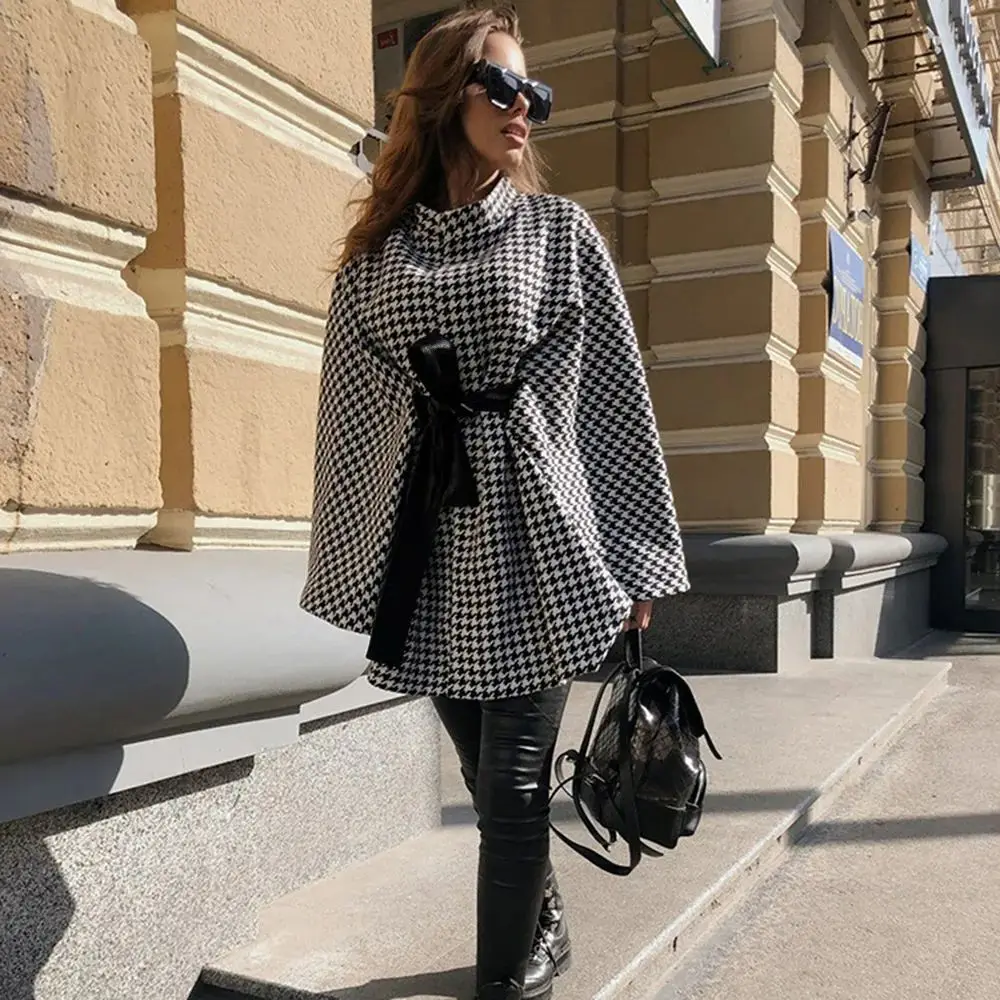 

Plaid Woolen Coat Loose Lace Up Cape Top Ponchos And Capes Shawl Cloak Female Casual Stand-Neck Oversized Cardigan Ponch