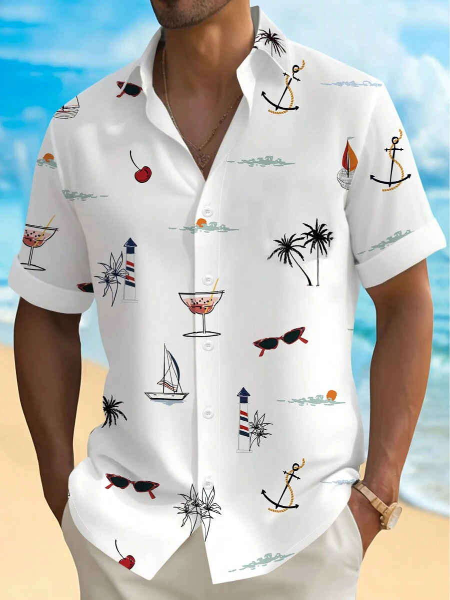 Men's Woven Fashion Casual Beach Surf Holiday Palm Tree Pattern Slim Fit Short Sleeve Shirt 2