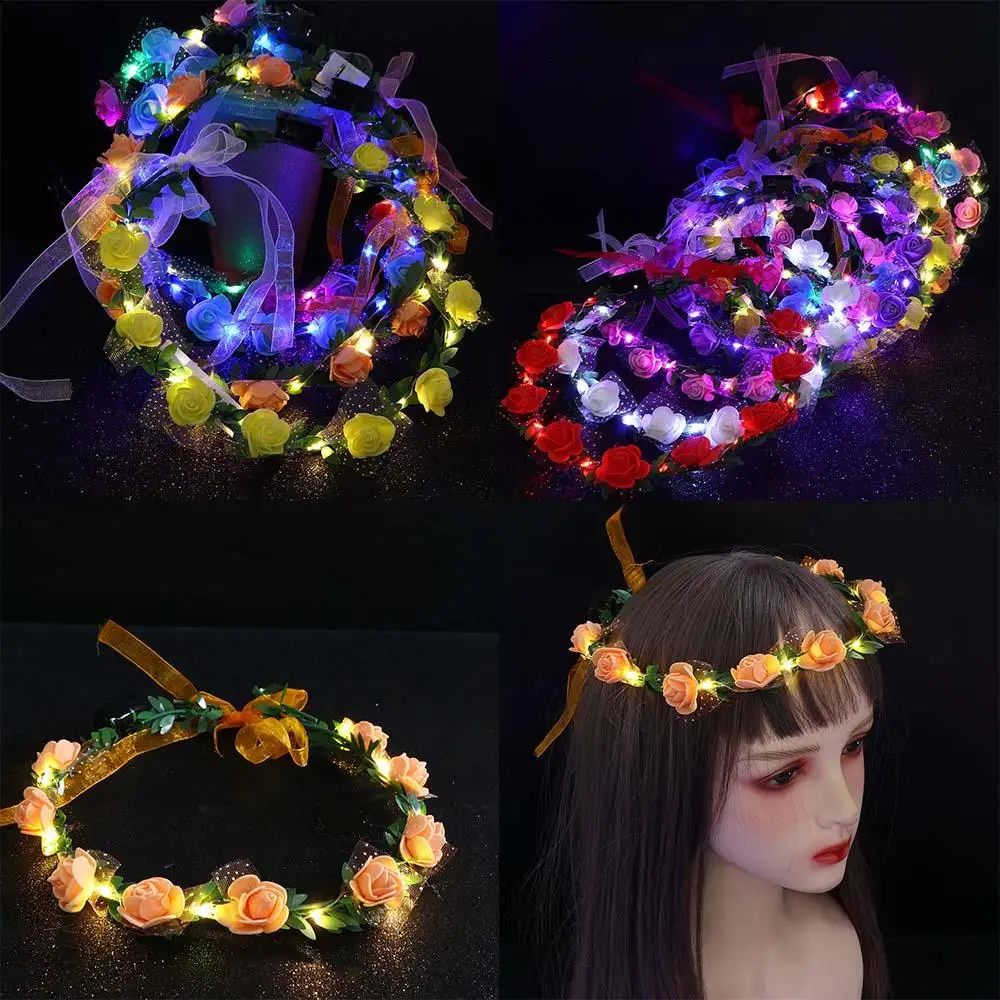 Fashion For Girls Wedding Rose Flower Party Foam Wreath Decoration Crown Flower Headband Women Headwear LED Light Garland - 5
