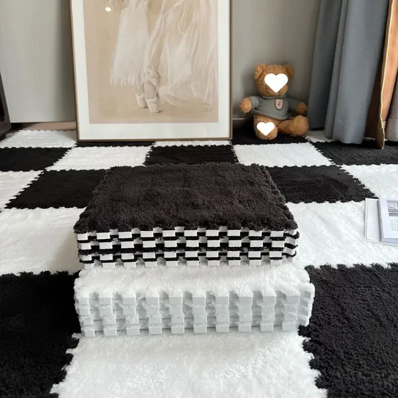 4/12 Stück Plüsch-Puzzle-Schaum-Bodenmatte, weich, flauschig, ineinandergreifend, quadratische Schaumstofffliesen, Teppiche für Wohnzimmer, Schlafzimmer, Dekoration