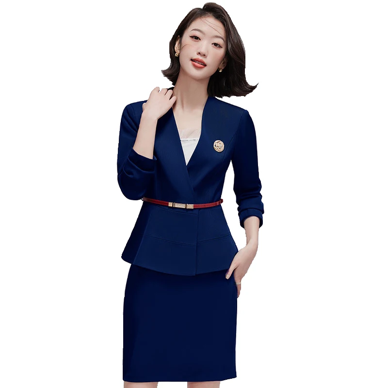 

2023 Korean Autumn Formal Ladies Blue Pants Blazer Women Business Suits with Sets Work Wear Office Uniform 4XL Size Skirt Jacket