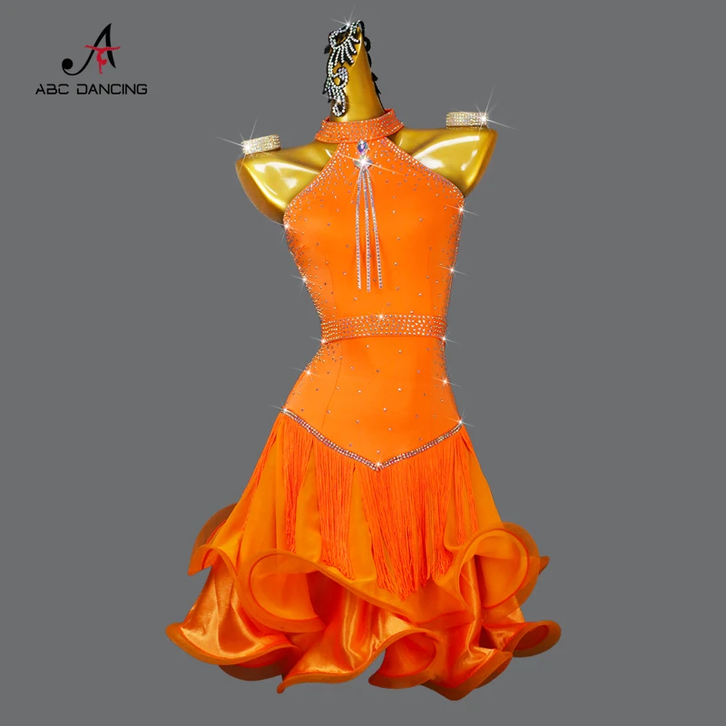 Orange Latin Dance Professional Competition Dress Sexy Adult Women's