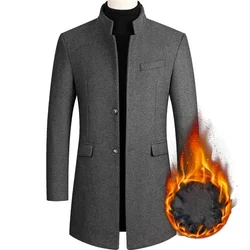 BROWON Men's Business Casual Wool Trench Coat - Chinese Style Solid Color Winter Wear - M 45-55 KG (Gray)
