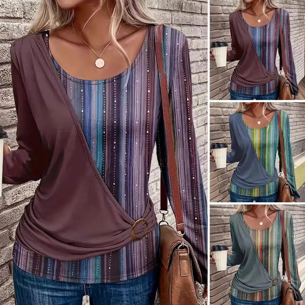 

Блузка женская однотонная с круглым вырезом, Повседневная Свободная рубашка, топ в полоску с принтом, комбинированный, удобная повседневная одежда с круглым вырезом