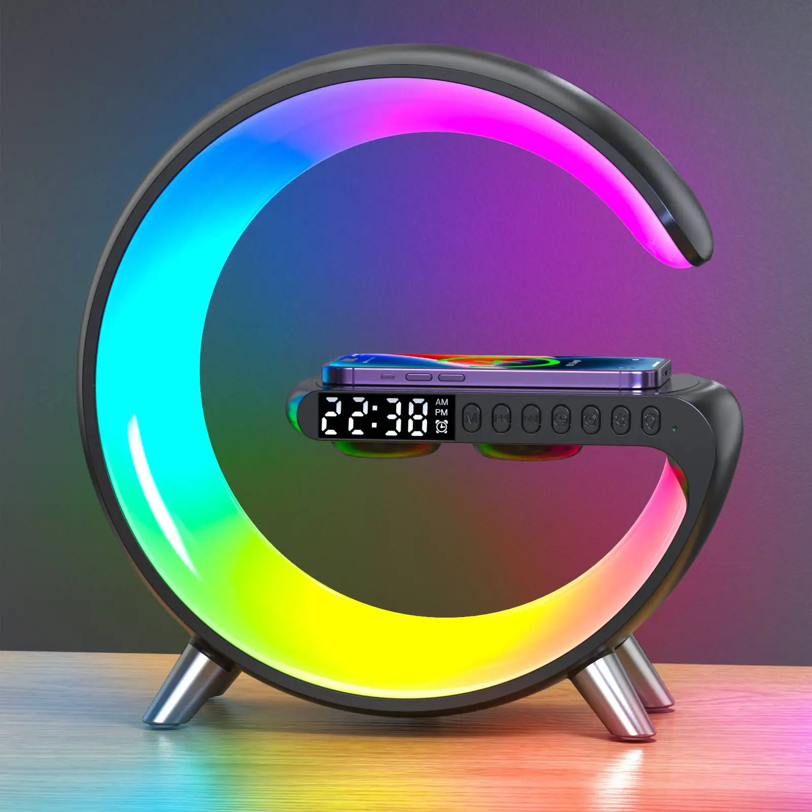 

New wireless charger atmosphere light Bluetooth speaker music rhythm clock alarm clock button and APP control