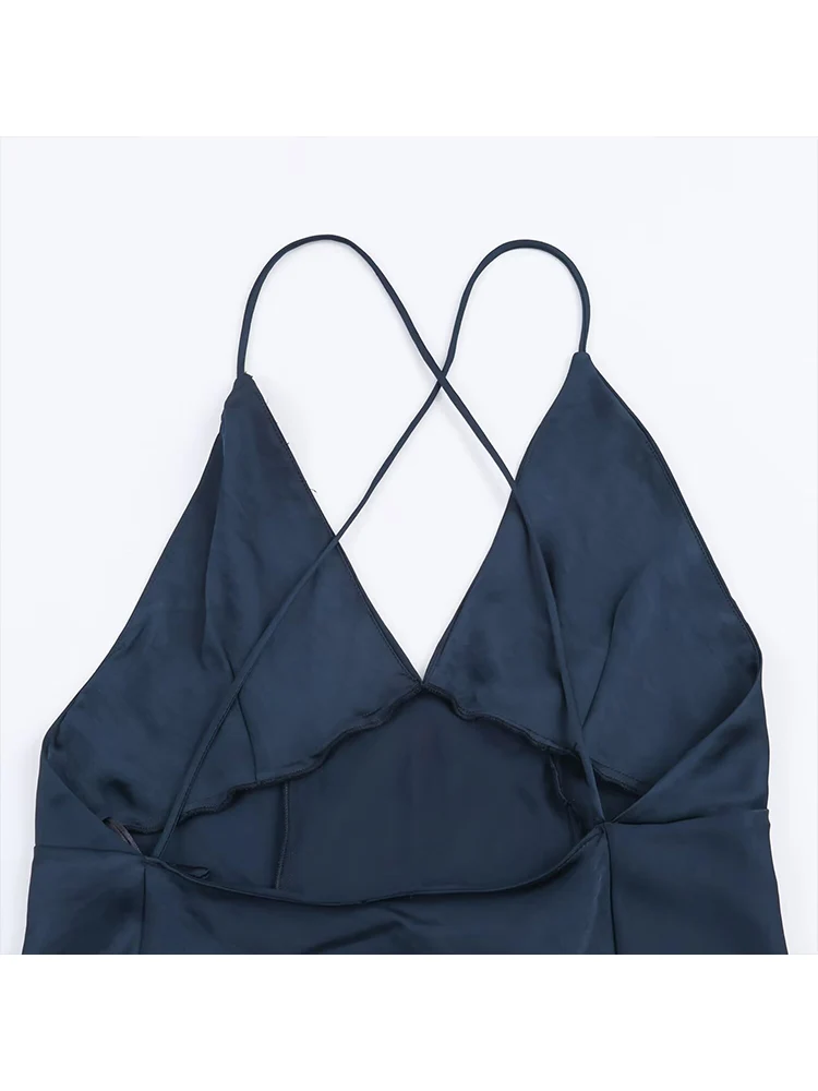 Woman Sexy Backless Sling Dress Summer New V-neck Sleeveless Folds Slimming Long Dress Female Elegant Vacation Party Dress