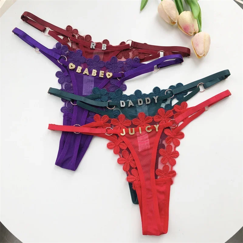 Women Panties Thongs tanga Name Letter Sexy mesh flowers Personalized Name G-Strings Girlfriend Wife Gift female underwear women panties womens underwear