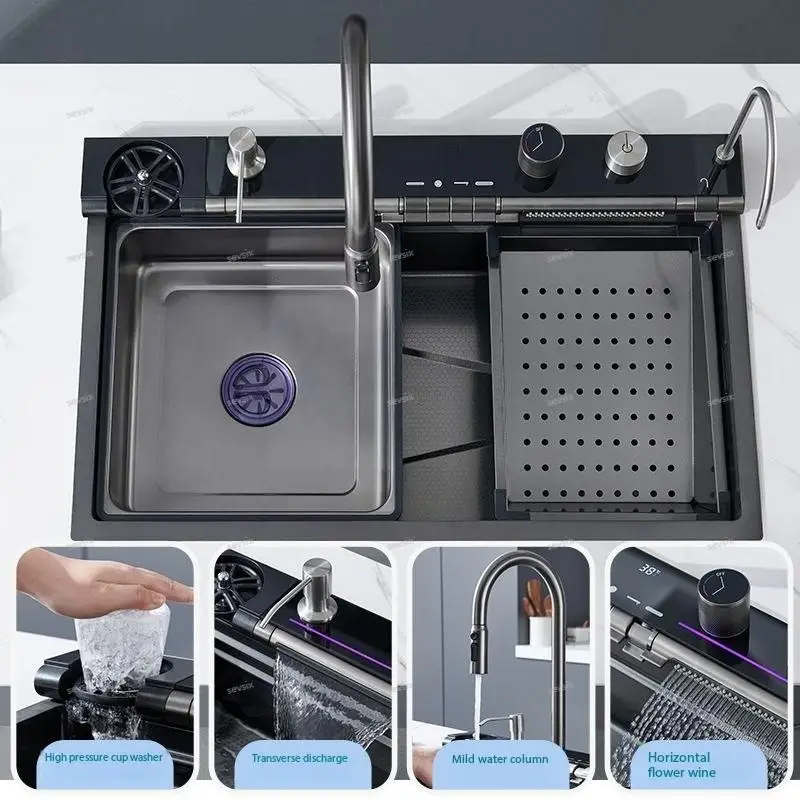 Dragon Honeycomb 304 Stainless Steel Kitchen Sink Big Size Embossed Knife Holder Piano Digital Display Waterfall Kitchen Sink 2