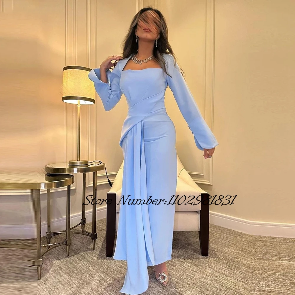 

Sky Blue Saudi Arabia Light Blue Prom Dress Mermaid Long Sleeves Satin Evening Party Gowns 2024 New Formal Dress Vestidos De