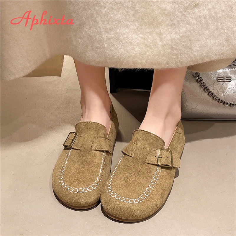 Aphixta Suede Upper Flat With Woman Loafers Shoes Sewing Design Slip on Ladies Shoes Khaki Round Toe Casual Shoes