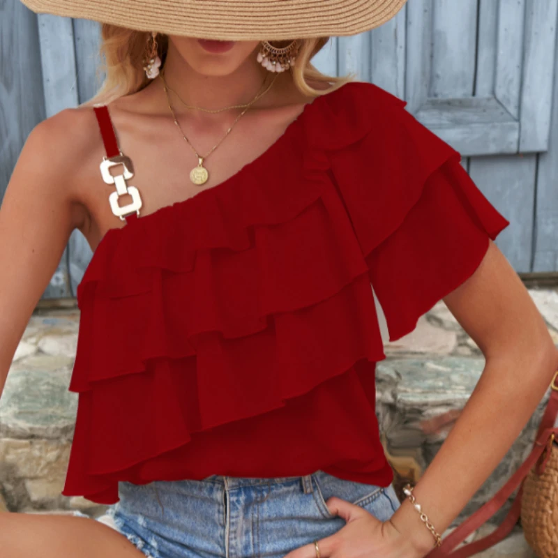 

Женская блузка с открытой спиной, элегантная белая рубашка с одним открытым плечом и рукавом с оборками, лето 2023