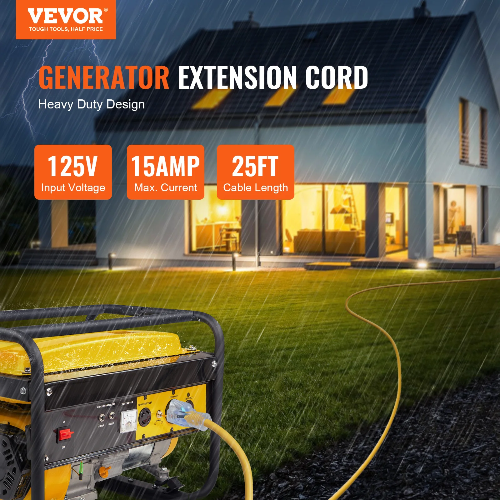 VEVOR 15A/30A Generator Extension Cord 25Ft Heavy-Duty Power Cord